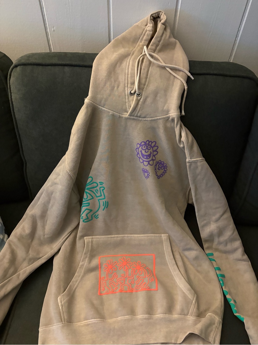 Beige Graphic Pullover Hoodie with Multicolor Prints